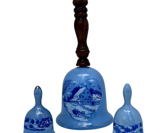 Currier & Ives Bells keramiek hout muzikaal wintertafereel set van 3 blauw