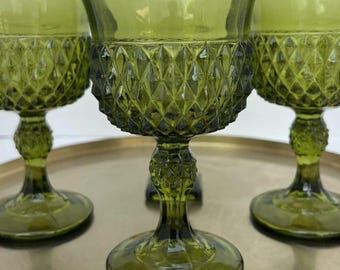Vintage Indiana Glass Green Diamond Point-bekers – set van 3 glaswerk uit het midden van de eeuw (1960-70)