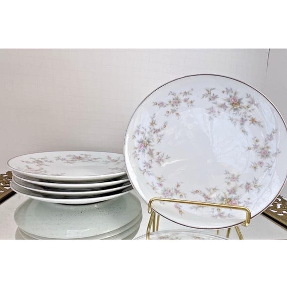 Set of 5 Noritake Arlene Bread Plates, Platinum Trim Floral China, Japan
