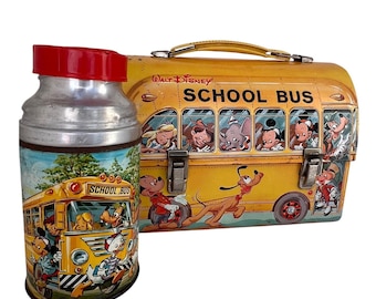 Vintage 1961 Aladdin Disney School Bus Metal Lunch Box & Thermos | Complete Set
