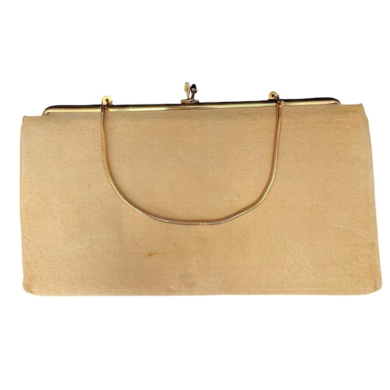 Vintage Style Clutch Champagne Satin Evening Bag Gold Chain Large