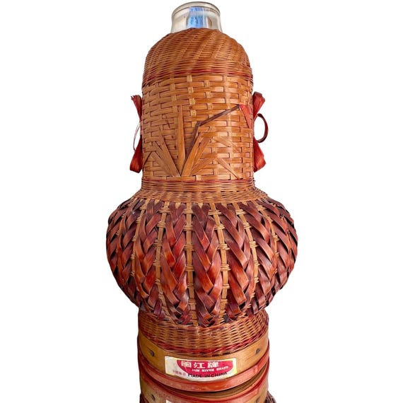 Vintage Min River Brand Wicker Thermos | Glass Lined Bamboo Carafe 10in