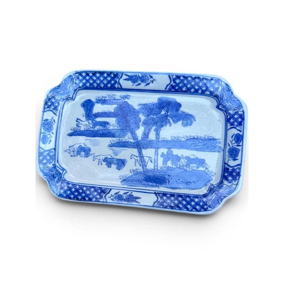 Vintage Blue White Porcelain Rectangular Platter Chinoiserie Horse Landscape