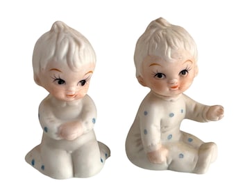Vintage jaren 1950 keramische polkadot babybeeldjes | Kitsch kinderkamerdecoratieset van 2