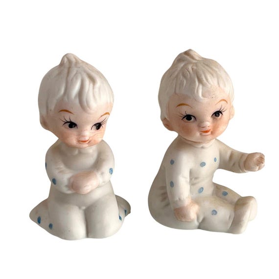 Vintage 1950s Ceramic Polka Dot Baby Figurines | Kitsch Nursery Decor Set of 2