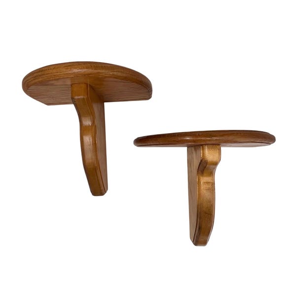 Authentic 1970s Solid Oak Half Moon Corbel Shelves - Pair - Honey Oak Sconces