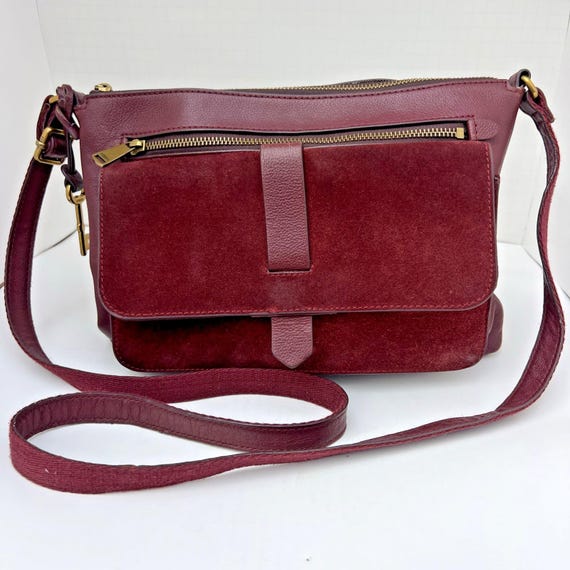 Fossil Maroon Leather Suede Crossbody Bag Burgundy Flap Purse Adjustable Strap