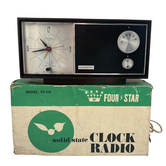 NOS Four Star Clock Radio New in Box – MCM Woodgrain Alarm – 1960s/70s Rare