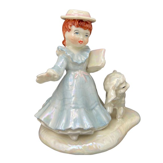 1950s Lusterware Girl with Lamb Figurine | Iridescent Ceramic Cottage Decor