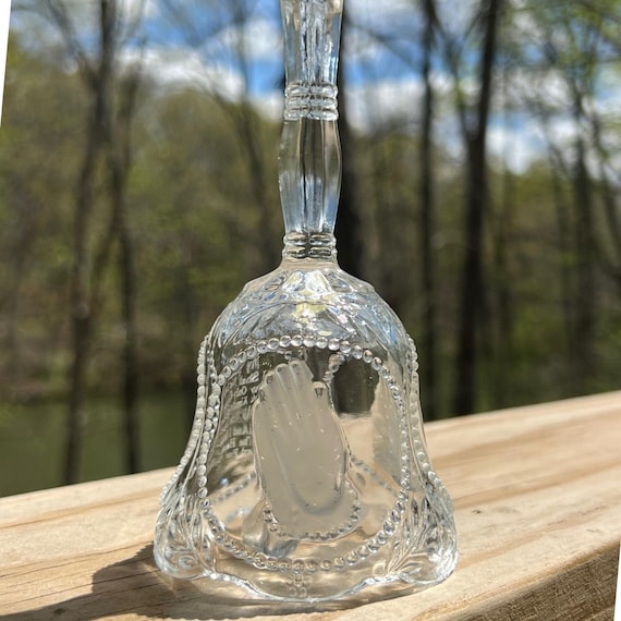 Vintage 1980s Crystal Hand Bell with Psalm 23 and Frosted Praying Hands