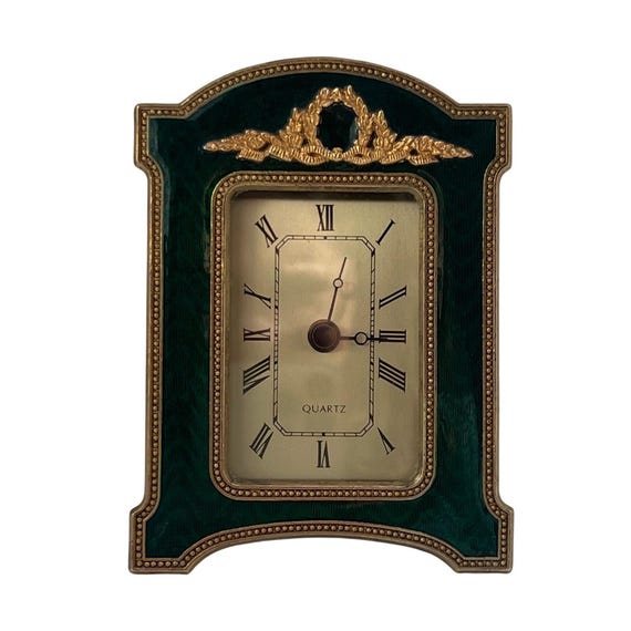 Regency Style Mini Desk Clock – Emerald Guilloché Enamel & Gold Tone Non-Working
