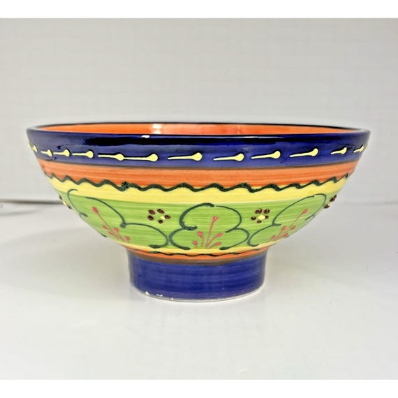 Vintage Hand Painted Spanish Pottery Bowl Mediterranean Folk Art Made in Spain