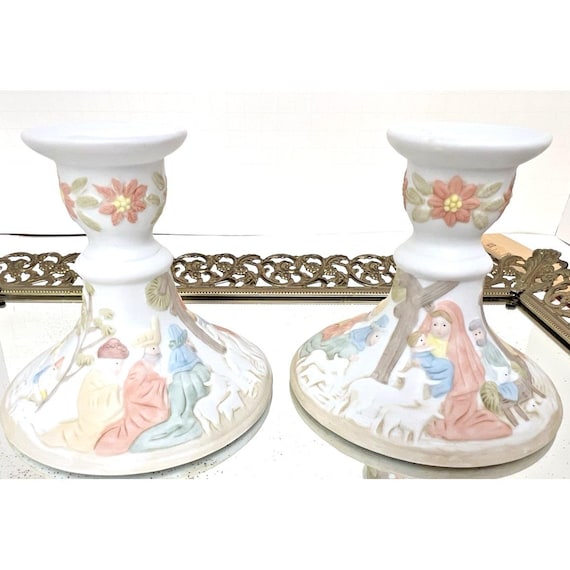 Vintage 1982 Lefton Nativity Candlestick Holders Set Porcelain Christmas