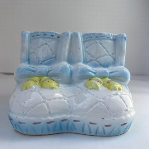 Vintage 1985 MY-NEIL Boot Planter Blue Ceramic Nursery Vase Baby Decor