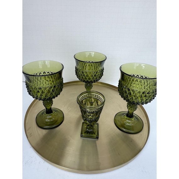 Vintage Indiana Glass Green Diamond Point Goblets Set of 4 Mid Century Stemware