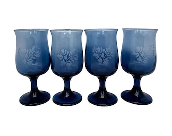 Juego de 4 copas de agua Pfaltzgraff Yorktowne azul cobalto - Diseño floral esmerilado - 18 cm