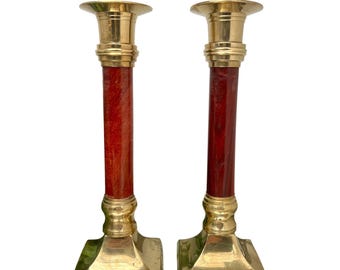 1970s Solid Brass & Burgundy Wood Column Candlesticks Pair Heavy 7.5"