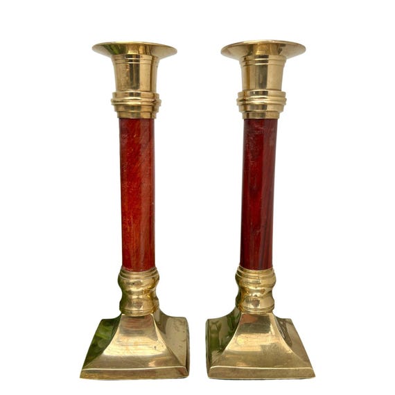 1970s Solid Brass & Burgundy Wood Column Candlesticks Pair Heavy 7.5"