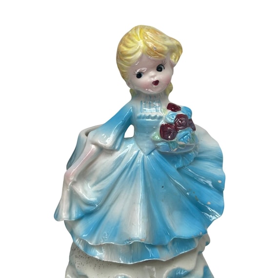 Vintage Style Lady Planter Ceramic Blue Dress Girl Figurine Mid Century Small