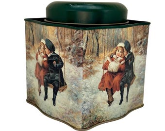 Lata navideña victoriana nostálgica, escena de bosque invernal con niños en un columpio.