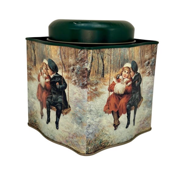 Nostalgic Victorian Christmas Tin, Winter Woods Scene with Children on Swing