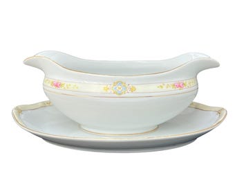 Salsera Noritake Havana con plato base / Vajilla de porcelana vintage con detalles florales dorados