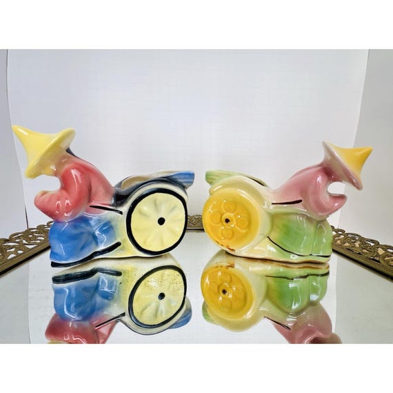 Vintage Asian Rickshaw Planter Set Ceramic Figural Mid Century Japan