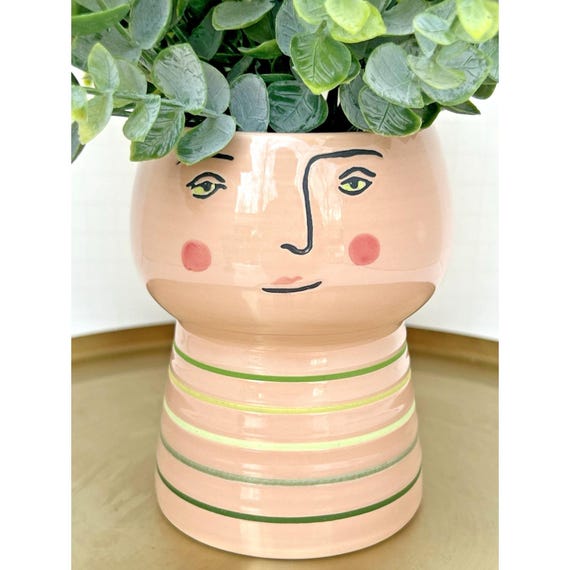 Ceramic Face Planter Vase: Peach Pink Green Stripes, 4.5" Decorative Pot