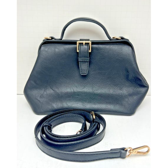 Anik Kraft Black Faux Leather Doctor Bag Purse Top Handle Crossbody Removeable