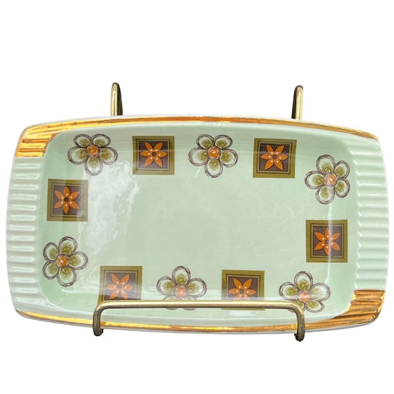 Royal Winton Grimwades Trinket Dish – Sage Green w/ Floral & Gold – Mid-Century