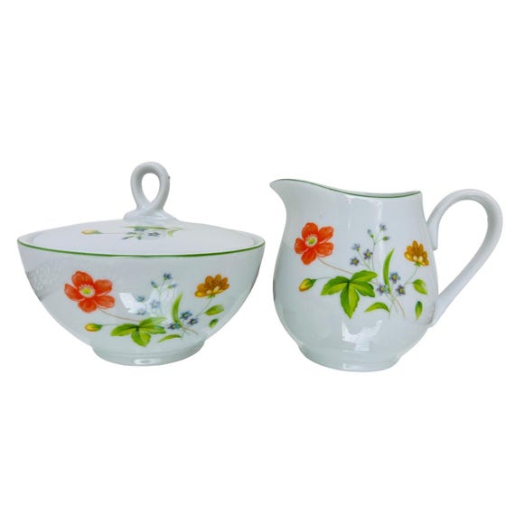 Castlecourt April Flowers Fine China Sugar Bowl & Creamer Set Japan Vintage