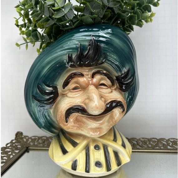 Vintage Royal Copley "Tony" Head Vase Planter Mustache Man Green Hat 1950s Ceram