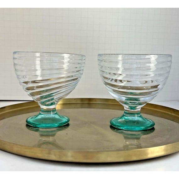 Vintage Ribbed Footed Dessert Cups Aqua Stem Sherbet Glasses Set of 2