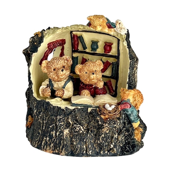 Vintage Teddy Bear Library Musical Figurine Woodland Tree Stump Resin Decor