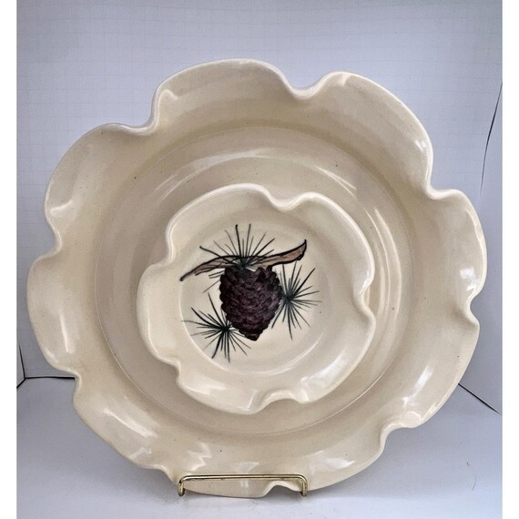 Vintage Pinecone Chip & Dip Platter Scalloped Ceramic Serving Dish Rustic Lodge