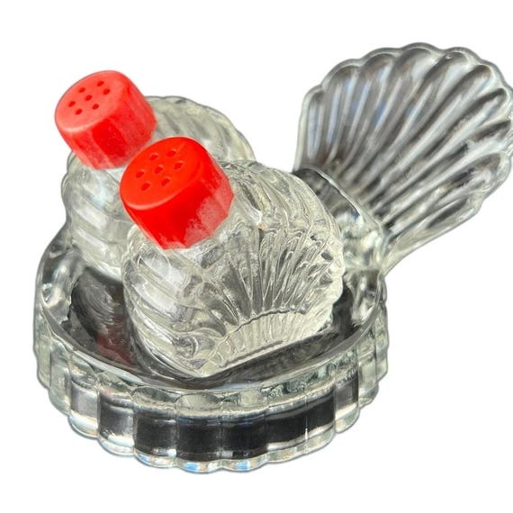 Vintage Art Deco Glass Shell Salt & Pepper Shaker Set with Red Caps