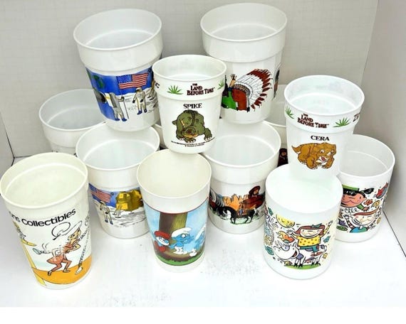 Vintage 1990s Kids Restaurant Cups – Jetsons, Smurfs, Land Before Time