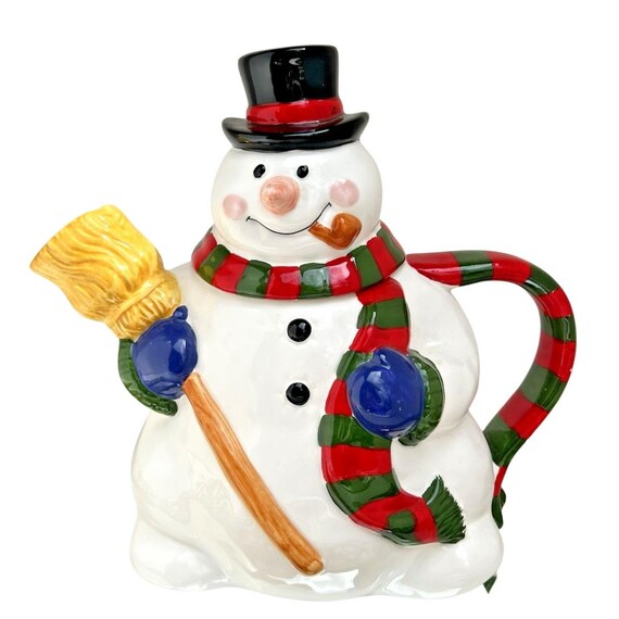 Vintage Snowman Teapot Christmas Ceramic Holiday Teapot Hand Painted Decorative