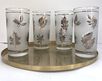 Vintage Libbey longdrinkglazen mat bladzilver MCM bargerei set van 4