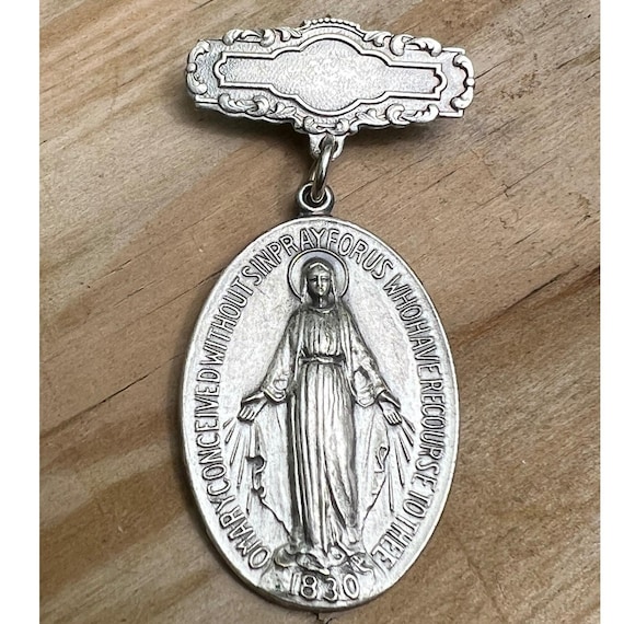 Vintage Miraculous Medal Brooch - 2" Catholic Virgin Mary Pin - 1830 Medal