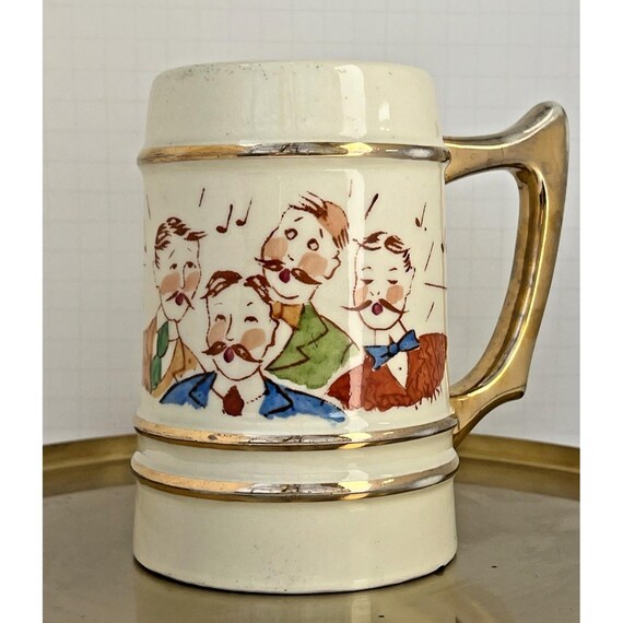 Vintage Beer Stein Ceramic Barbershop Quartet Musical Theme Gold Trim 5.5in