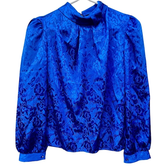 Vintage Ellen-D Kollection Royal Blue Floral Jacquard Blouse - Large - Cobalt