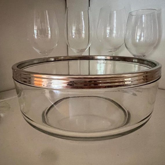 Vintage Silver Rim Glass Serving Bowl Mid Century Modern Italian Style Barware