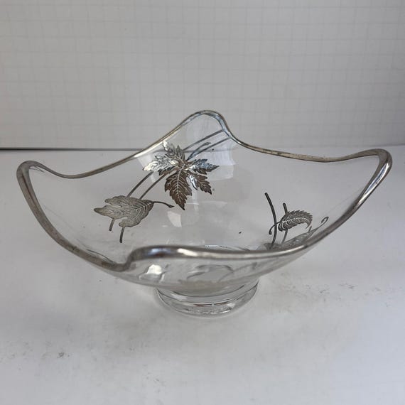 1950's Silver City Glass "Forest" Sterling Silver Overlay Pedestal Candy Bowl