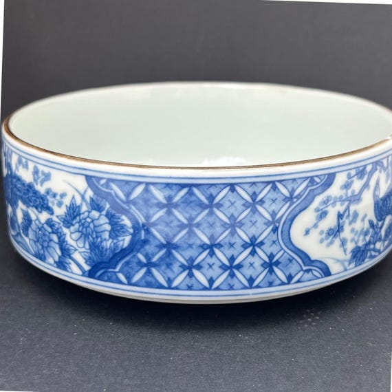 Vintage Style Porcelain Bowl Blue White Peacock Floral Chinoiserie 6.5 Inch