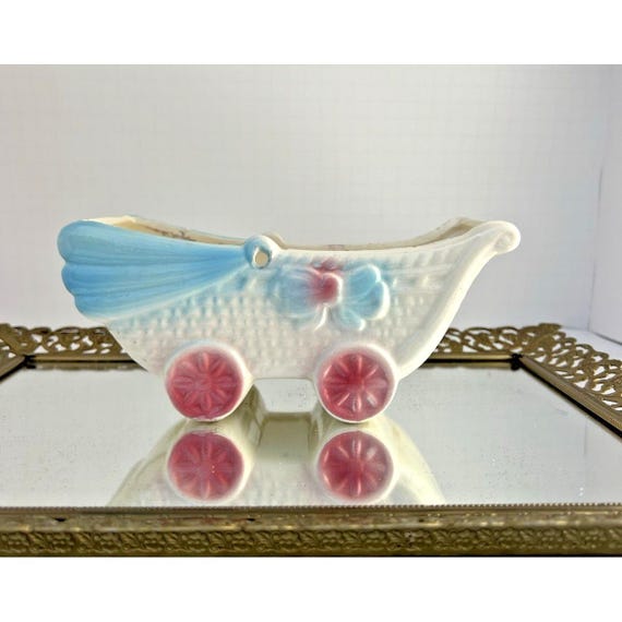 Vintage Baby Buggy Planter Pink Blue Nursery Vase Planter Mid Century Style