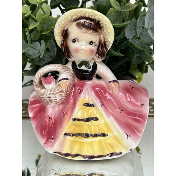 Vintage 1950s Relpo Sweet Girl Pink Dress Spring Summer Planter Ceramic Japan