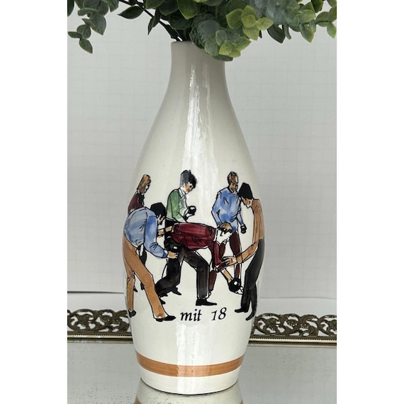Vintage German Bowling Ceramic Vase Carafe Hand Painted Figuren
