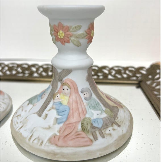Pair of Lefton Christopher Collection Nativity Candle Holders Vintage Decor