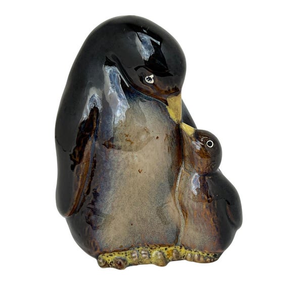 Ceramic Penguin Parent & Chick Figurine Drip Glaze Blue Brown MCM Style Vingage